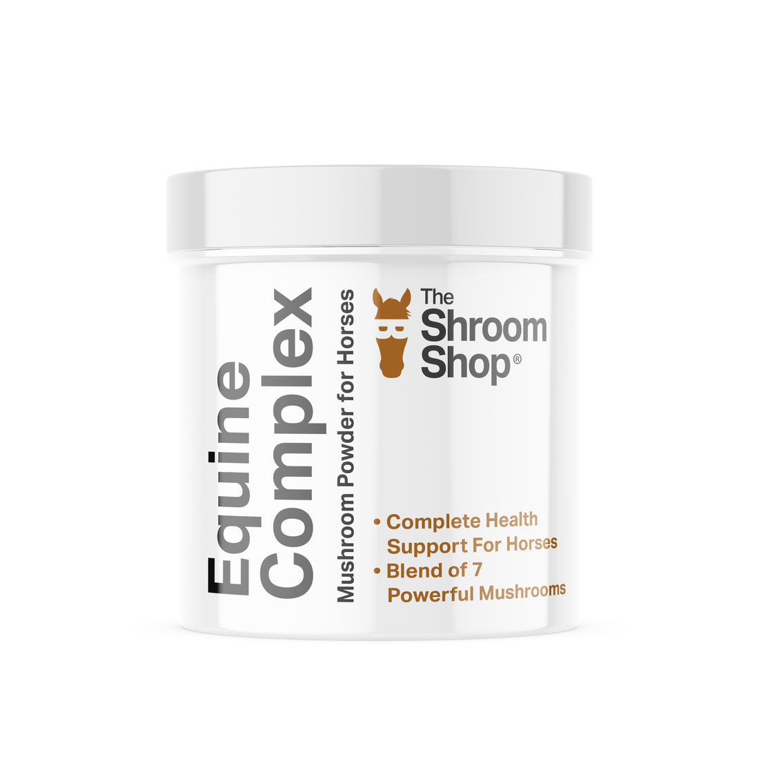 The Shroom Shop Equine Complex mushroom supplement product render featuring a premium functional mushroom blend for horses.
