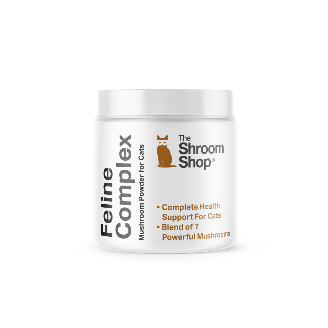 The Shroom Shop Feline Complex mushroom supplement product render featuring a premium functional mushroom blend for cats.