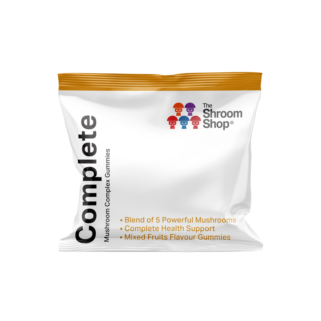 The Shroom Shop Mushroom Complete Gummies featuring a premium functional mushroom blend in a convenient gummy supplement format.